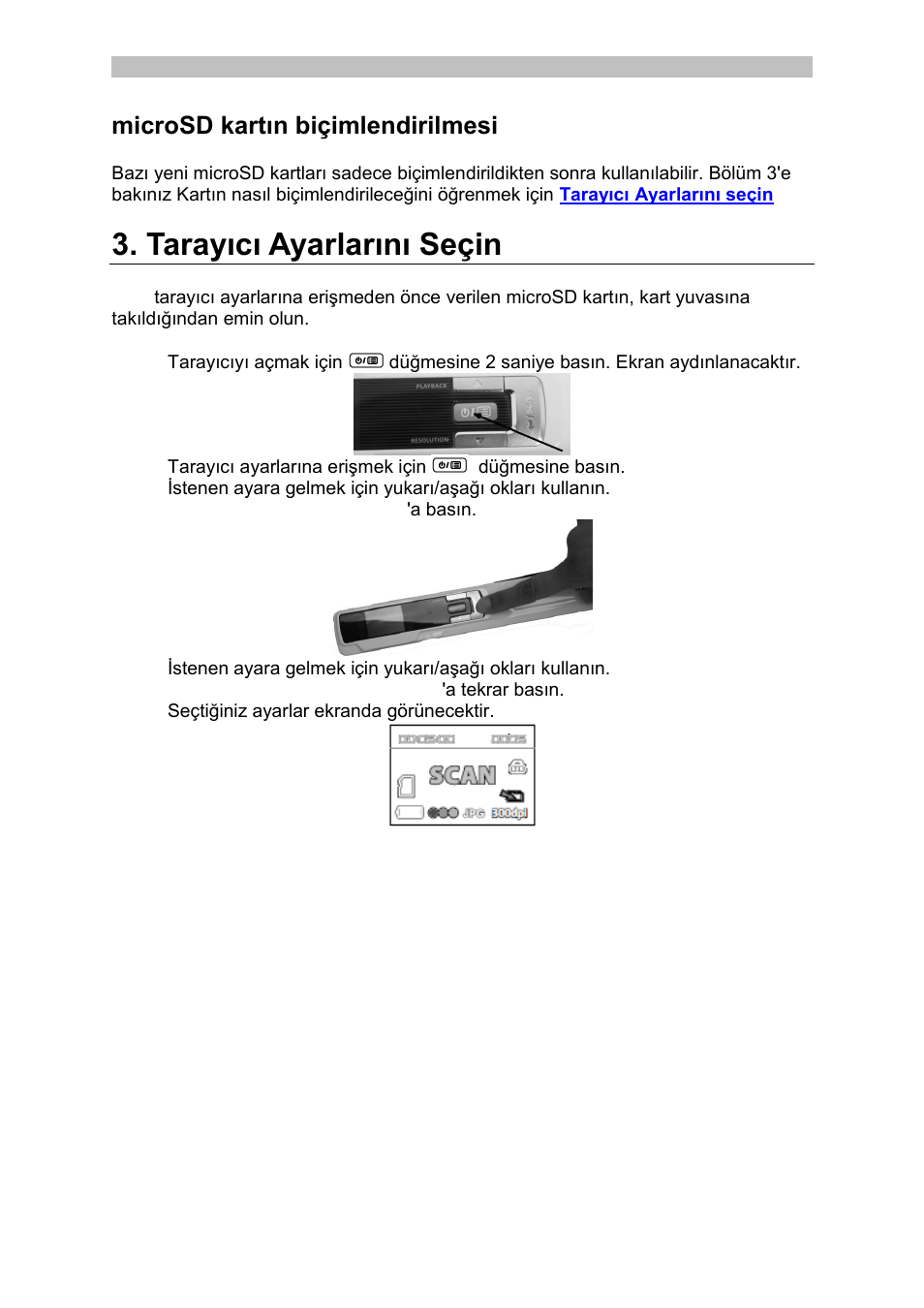 Microsd kartın biçimlendirilmesi, Tarayıcı ayarlarını seçin | I.R.I.S. IRISCan Book 3 User Manual | Page 134 / 201