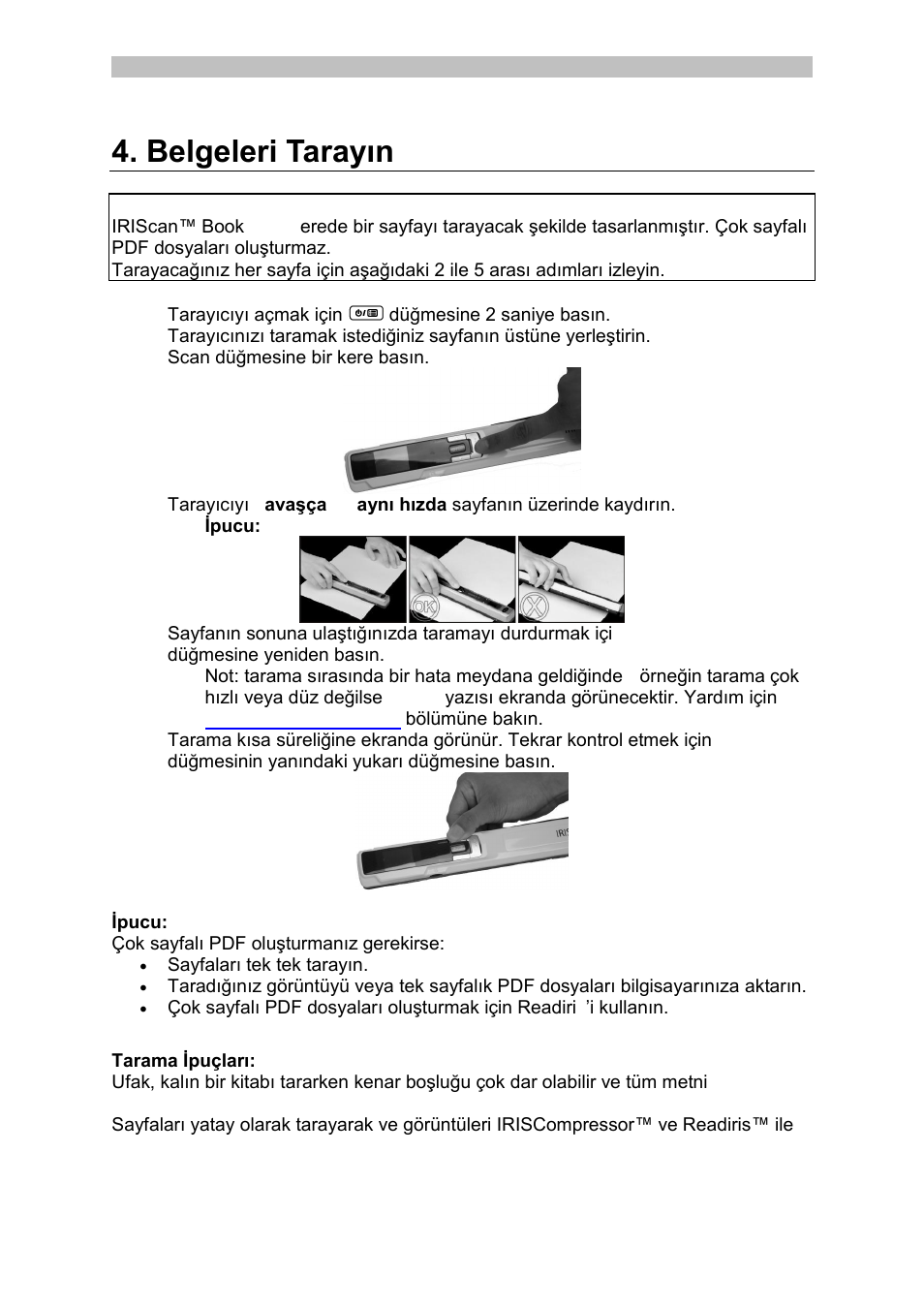 Belgeleri tarayın, Belgeleri, Tarayın | I.R.I.S. IRISCan Book 3 User Manual | Page 136 / 201
