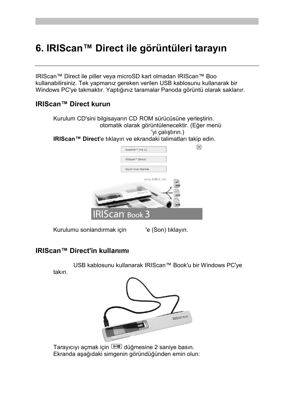 Iriscan™ direct kurun, Iriscan™ direct'in kullanımı, Iriscan™ direct ile tarayın (sadece windows) | I.R.I.S. IRISCan Book 3 User Manual | Page 139 / 201