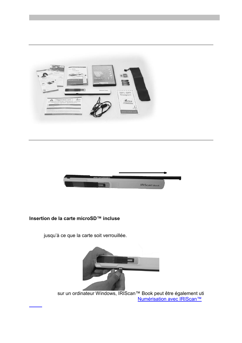 Vérification des accessoires, Préparation du scanneur, Insertion des piles fournies | Insertion de la carte microsd™ incluse | I.R.I.S. IRISCan Book 3 User Manual | Page 15 / 201