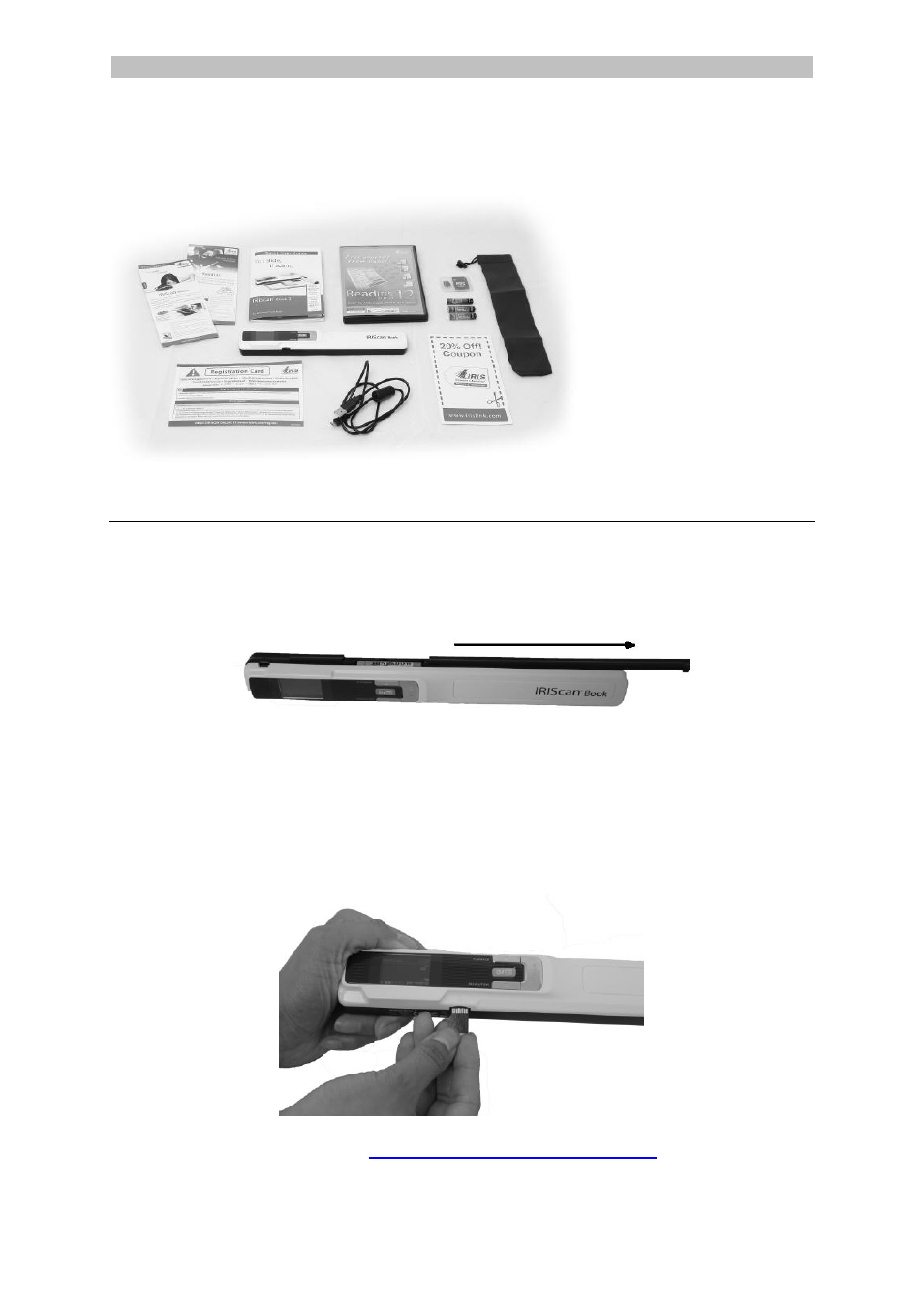 Check the accessories, Prepare the scanner, Insert the included batteries | Insert the included microsd card | I.R.I.S. IRISCan Book 3 User Manual | Page 2 / 201