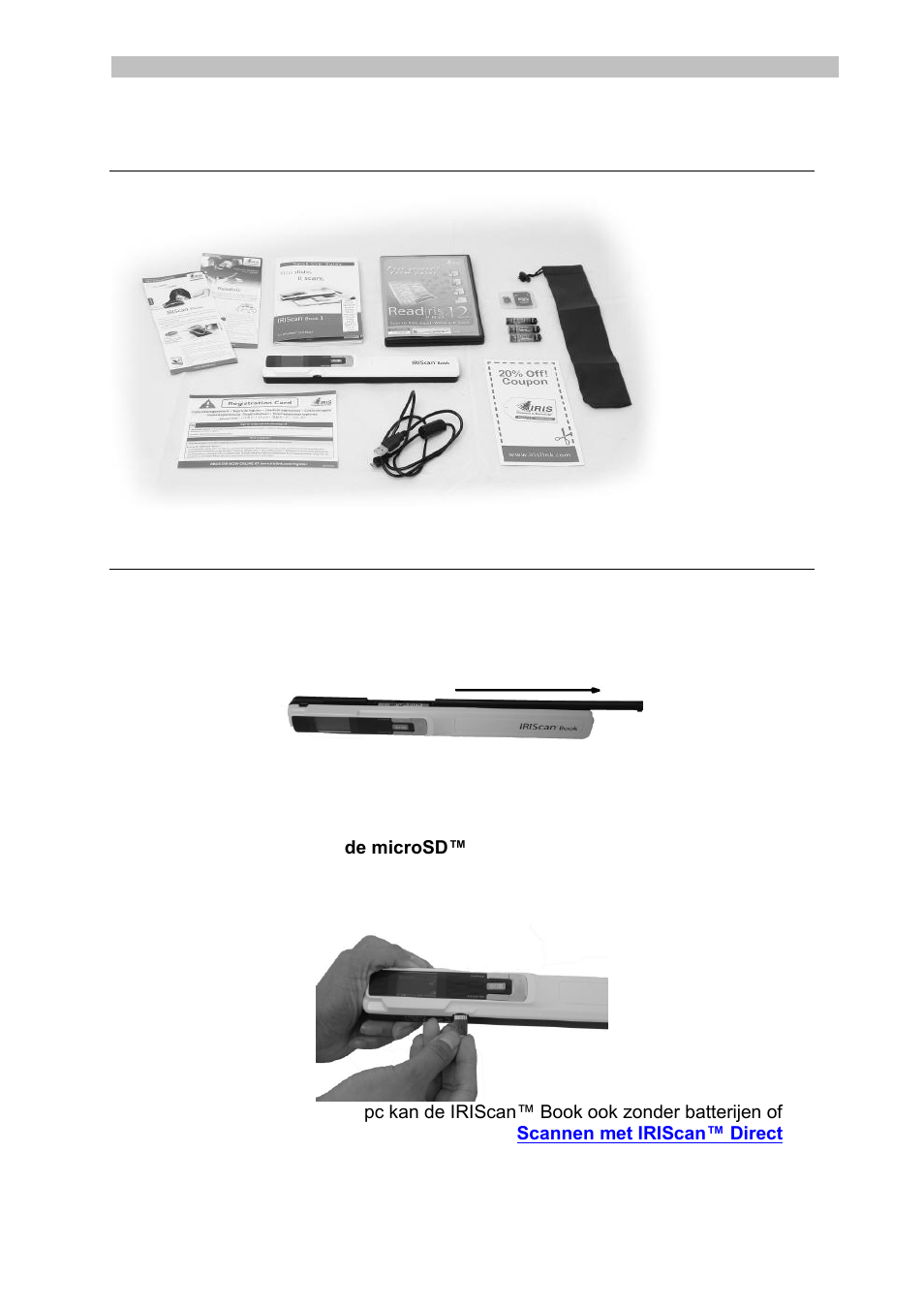 Controleren van de accessoires, Voorbereiden van de scanner, Plaatsen van de bijgeleverde batterijen | Plaatsen van de bijgeleverde microsd™-kaart | I.R.I.S. IRISCan Book 3 User Manual | Page 28 / 201