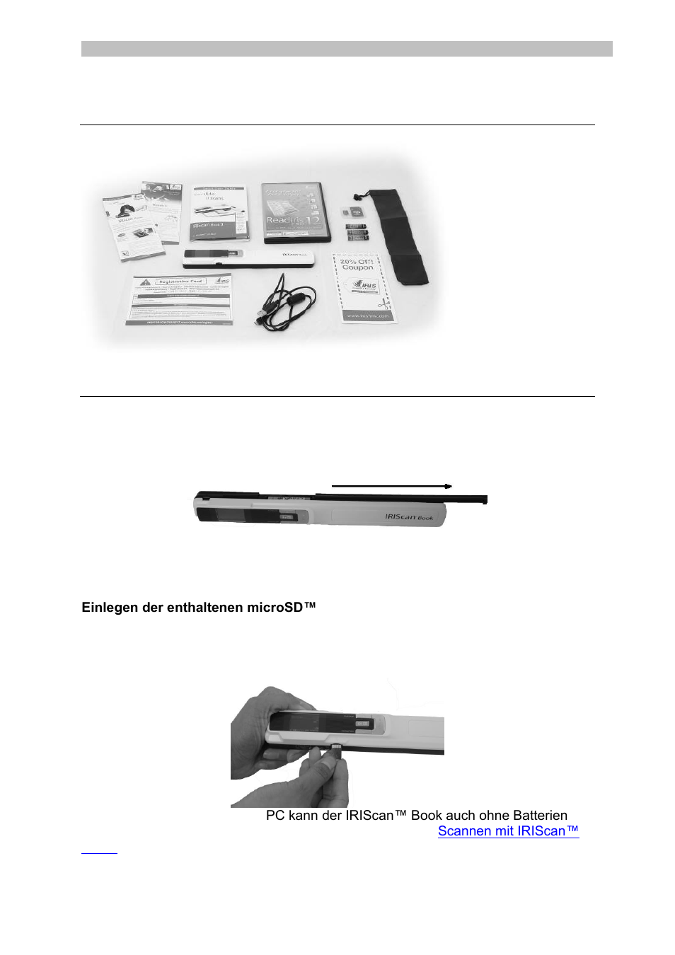 Überprüfen des zubehörs, Vorbereiten des scanners, Einlegen der mitgelieferten batterien | Einlegen der enthaltenen microsd™-karte | I.R.I.S. IRISCan Book 3 User Manual | Page 41 / 201