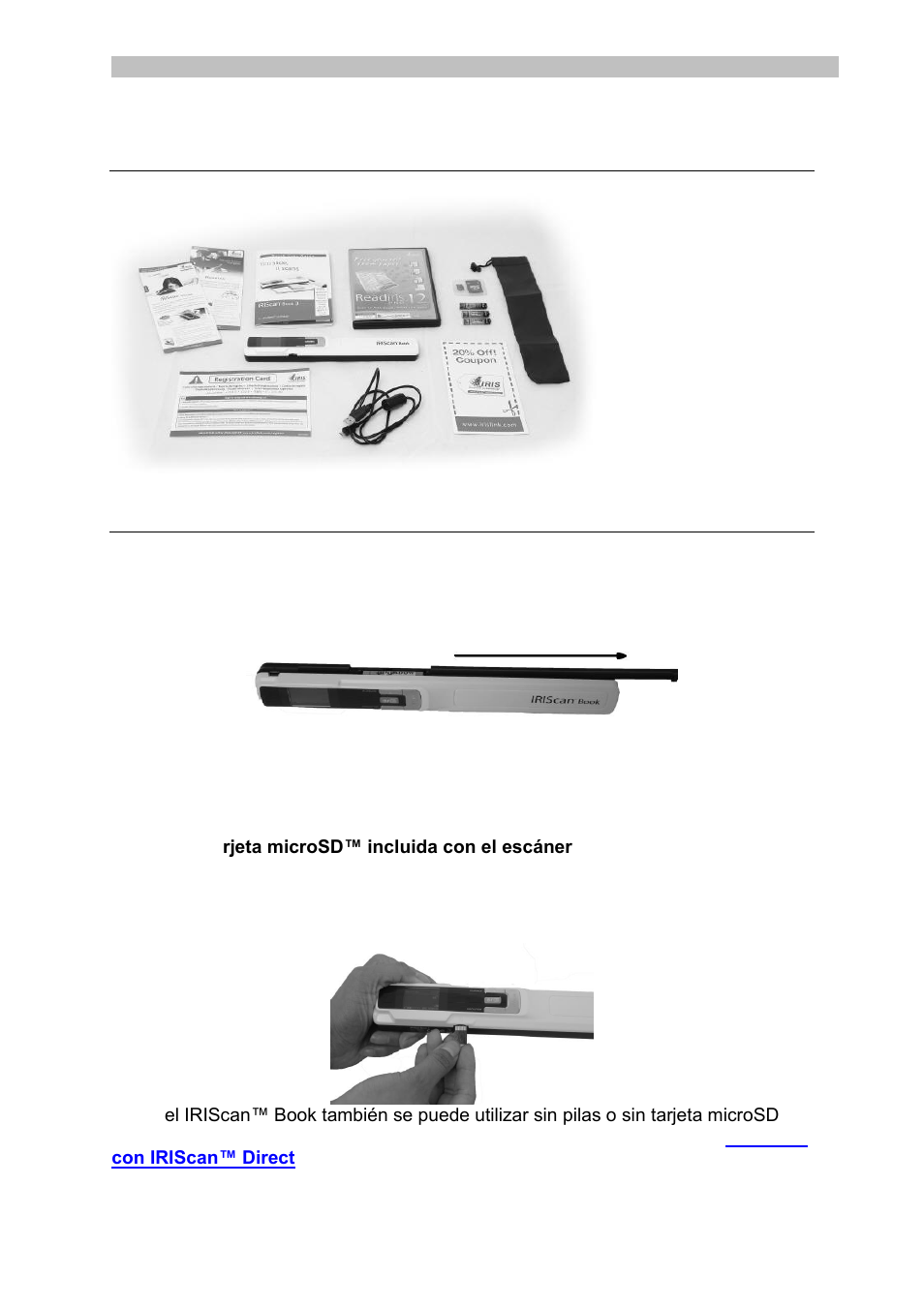 Comprobar los accesorios, Preparar el escáner, Insertar las pilas en el escáner | I.R.I.S. IRISCan Book 3 User Manual | Page 54 / 201