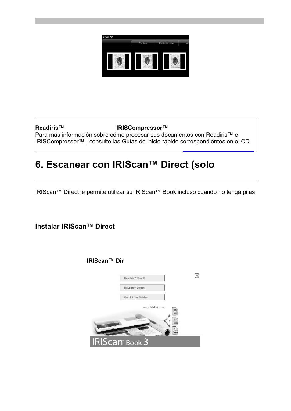 Escanear con iriscan™ direct (solo windows), Instalar iriscan™ direct, Escanear c | On iriscan™ direct (solo windows), Escanear, Con iriscan™ direct | I.R.I.S. IRISCan Book 3 User Manual | Page 60 / 201