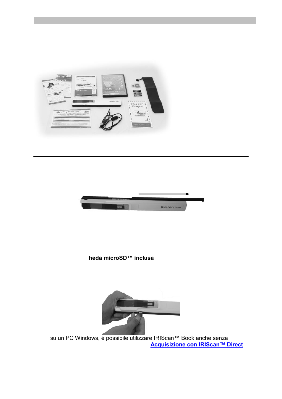 Verifica degli accessori, Preparazione dello scanner, Inserimento delle batterie incluse | Inserimento della scheda microsd™ inclusa | I.R.I.S. IRISCan Book 3 User Manual | Page 67 / 201