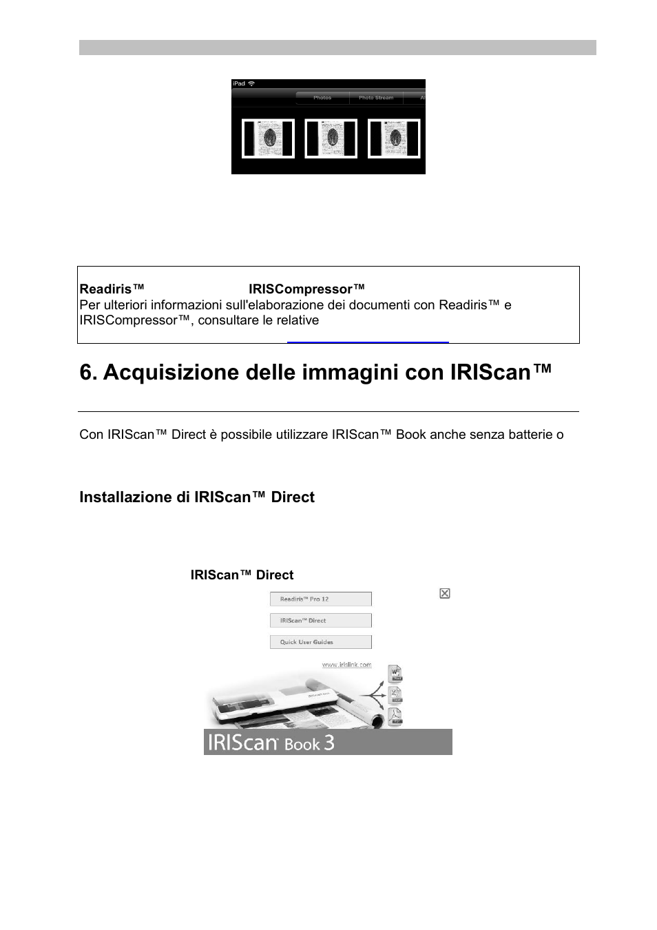 Installazione di iriscan™ direct, Acquisizione con iriscan™ direct (solo windows) | I.R.I.S. IRISCan Book 3 User Manual | Page 73 / 201