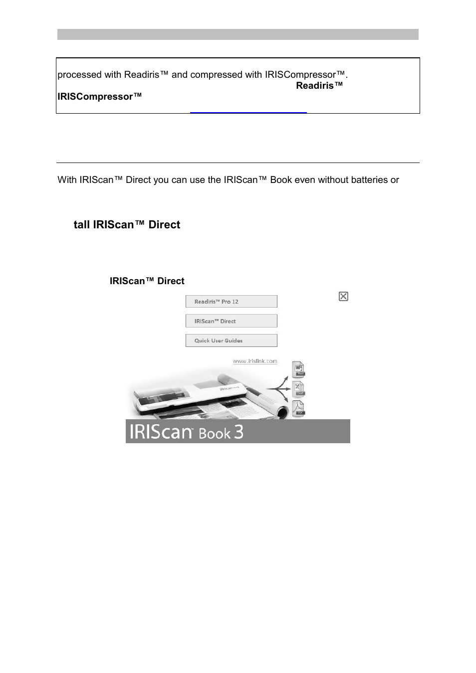 Scan images with iriscantm direct (windows only), Install iriscan™ direct, Scan with iriscan™ direct (windows only) | Scan images with iriscan, Direct (windows only) | I.R.I.S. IRISCan Book 3 User Manual | Page 8 / 201