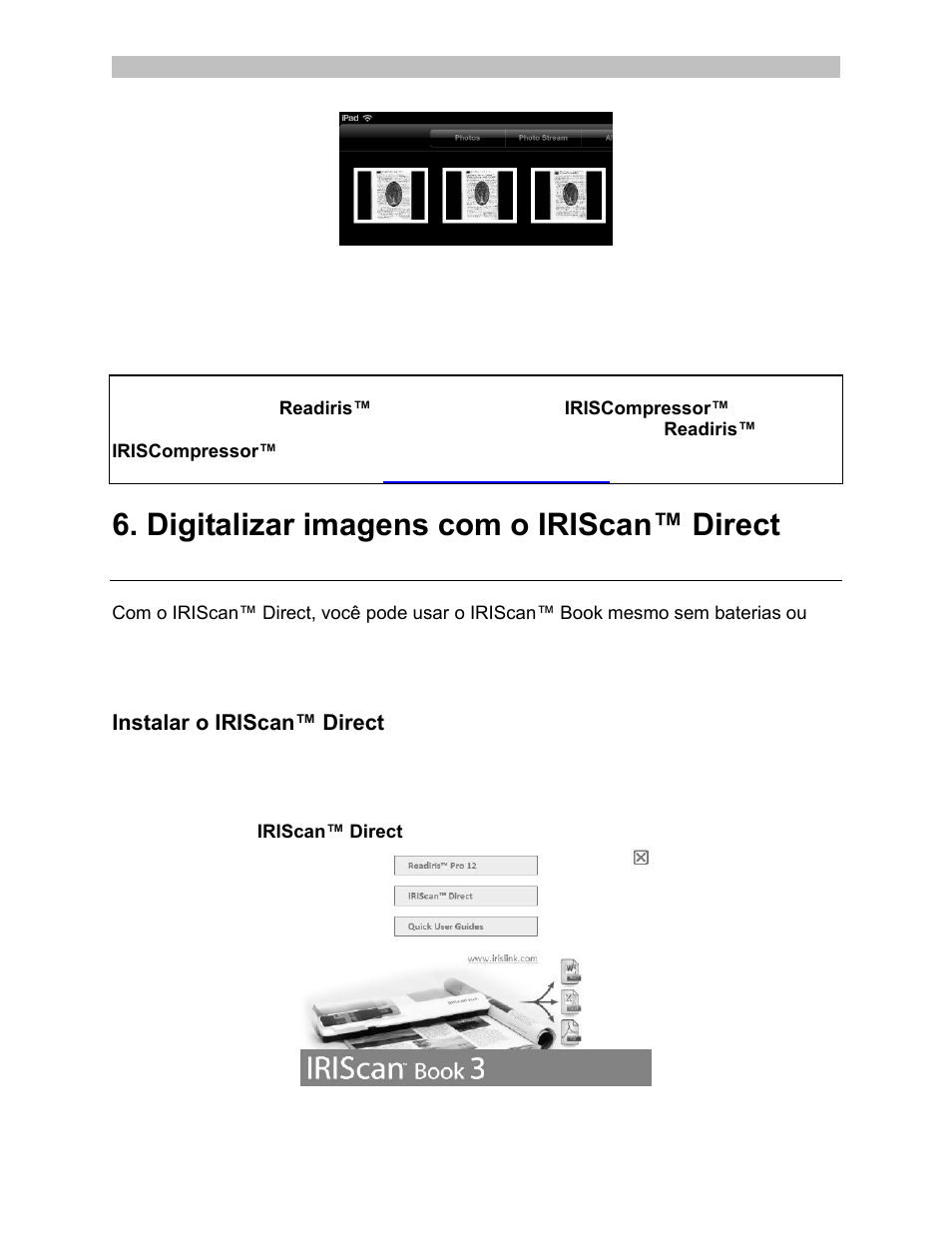 Instalar o iriscan™ direct, Digitalizar com o iriscan™ direct | I.R.I.S. IRISCan Book 3 User Manual | Page 86 / 201