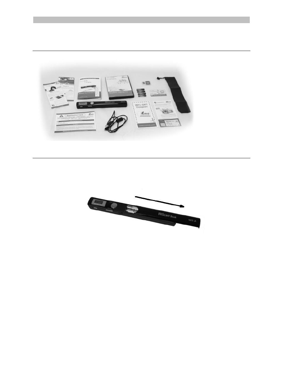 Verificar os acessórios, Preparar o scanner, Inserir as baterias incluídas | I.R.I.S. IRISCan Book Executive User Manual | Page 118 / 312