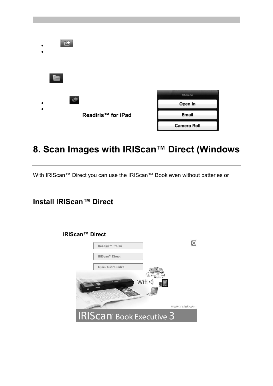 Scan images with iriscan™ direct (windows only), Install iriscan™ direct, Scan with iriscan™ direct (windows only) | I.R.I.S. IRISCan Book Executive User Manual | Page 12 / 312