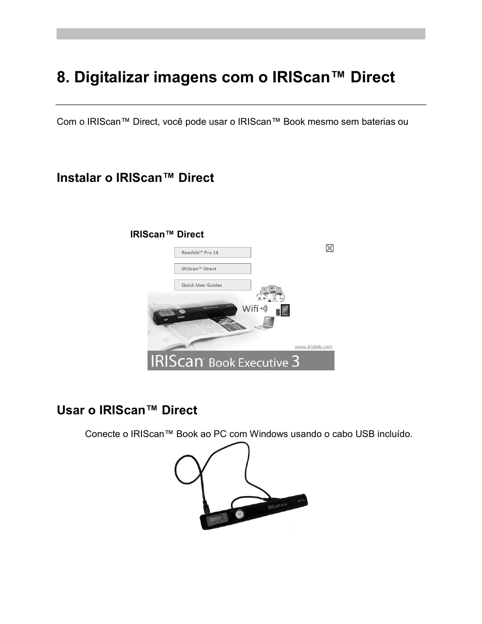 Instalar o iriscan™ direct, Usar o iriscan™ direct | I.R.I.S. IRISCan Book Executive User Manual | Page 131 / 312