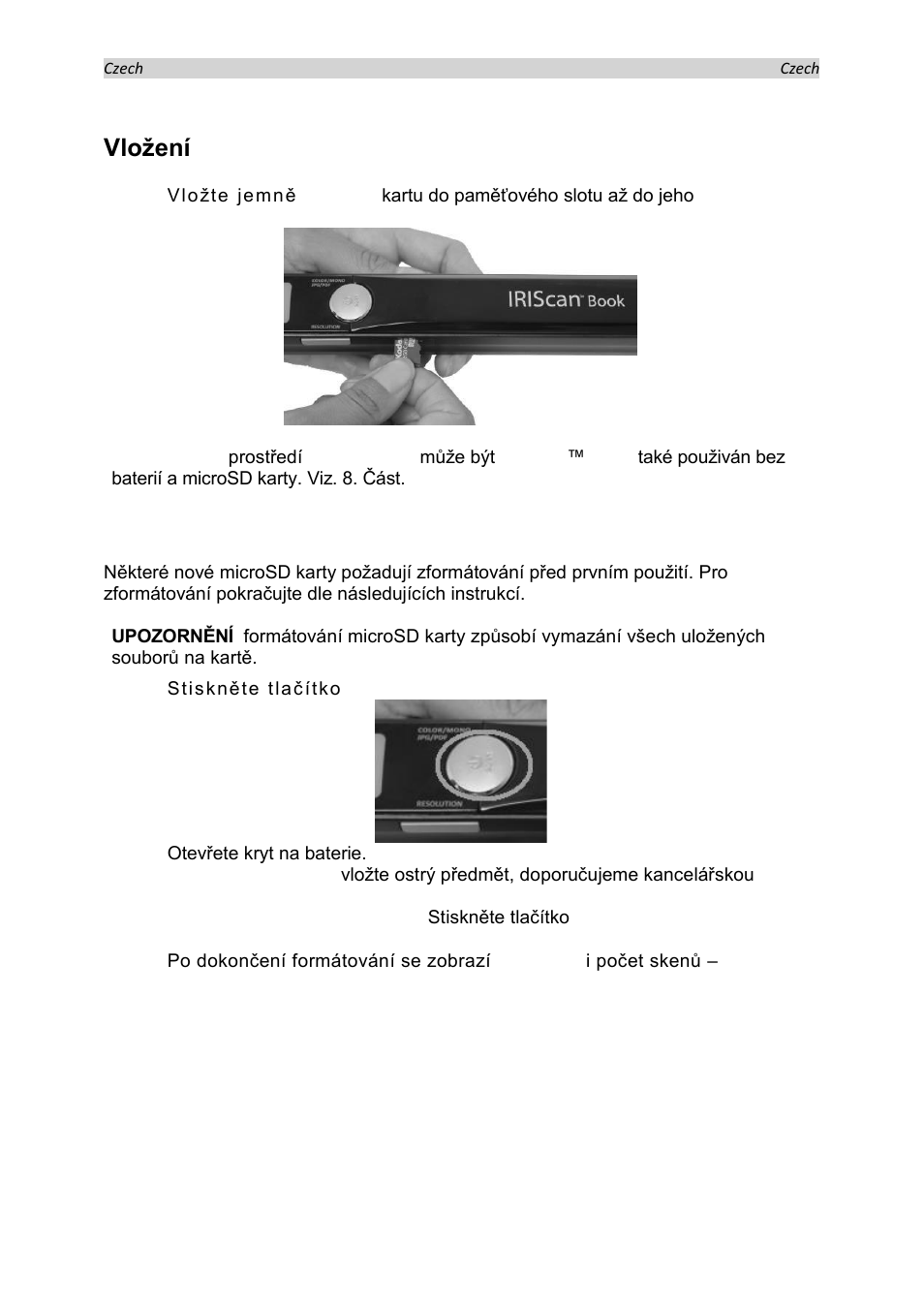 Vložení microsd karty, Zformátování microsd karty | I.R.I.S. IRISCan Book Executive User Manual | Page 157 / 312