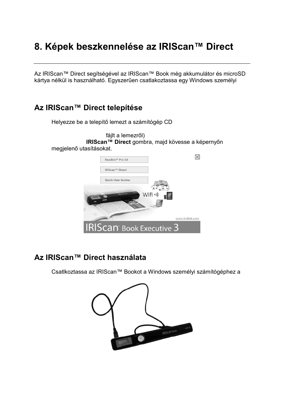 Az iriscan™ direct telepítése, Az iriscan™ direct használata, Képek beszkennelése | Az iriscan direct segítségével | I.R.I.S. IRISCan Book Executive User Manual | Page 185 / 312