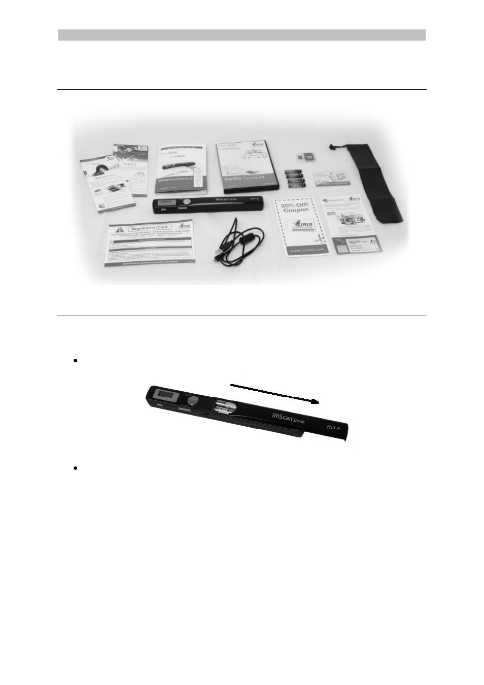Check the accessories, Prepare the scanner, Insert the included batteries | I.R.I.S. IRISCan Book Executive User Manual | Page 2 / 312