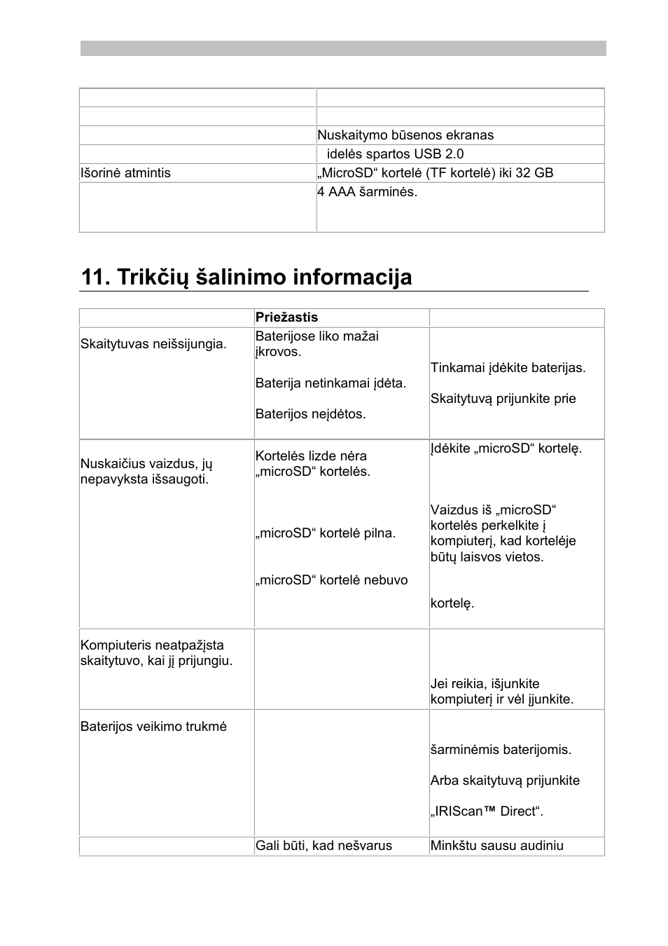 Trikčių šalinimo informacija | I.R.I.S. IRISCan Book Executive User Manual | Page 210 / 312