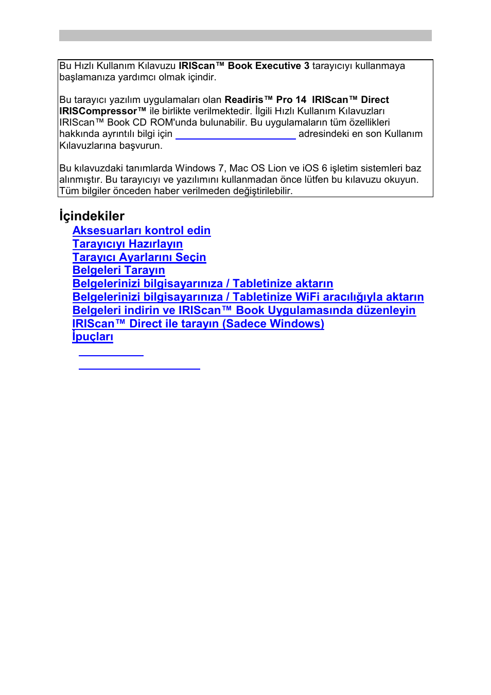 Turkish, Içindekiler | I.R.I.S. IRISCan Book Executive User Manual | Page 212 / 312