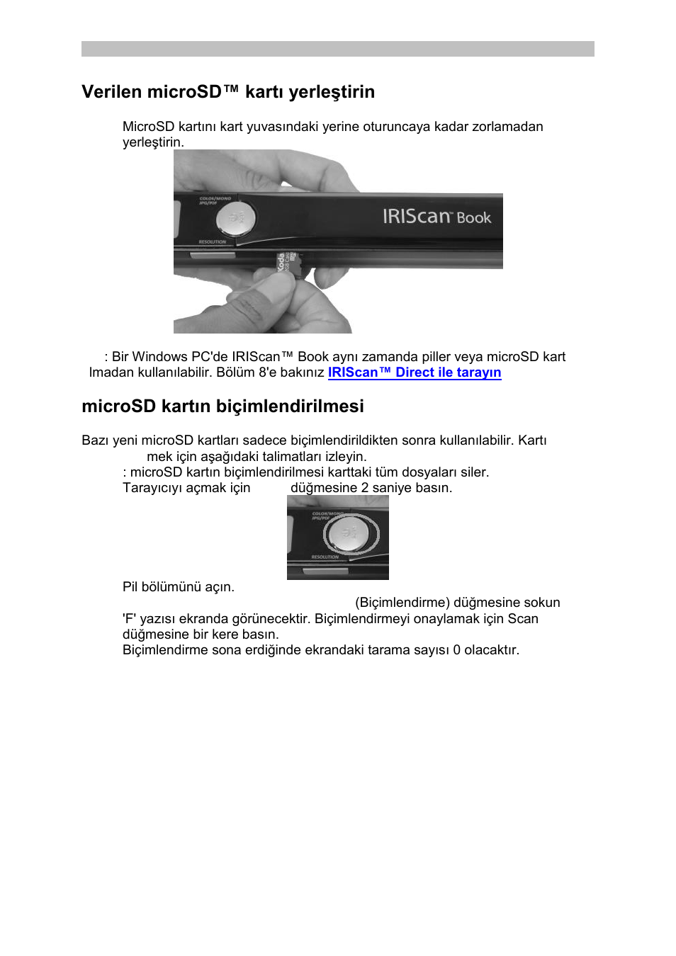 Verilen microsd™ kartı yerleştirin, Microsd kartın biçimlendirilmesi | I.R.I.S. IRISCan Book Executive User Manual | Page 214 / 312