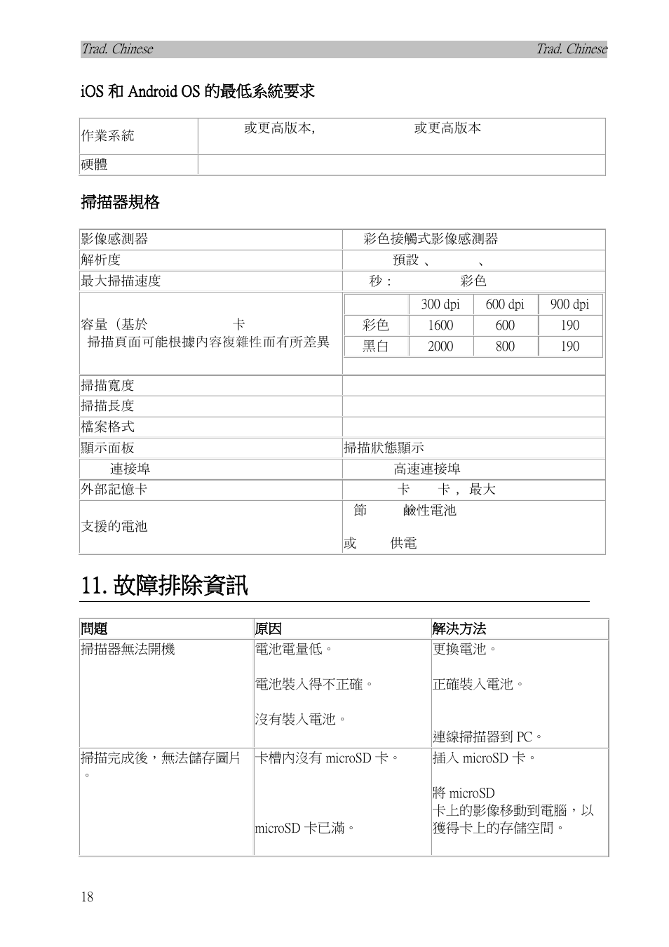 Ios 和 android os 的最低系統要求, 掃描器規格, 故障排除資訊 | I.R.I.S. IRISCan Book Executive User Manual | Page 287 / 312