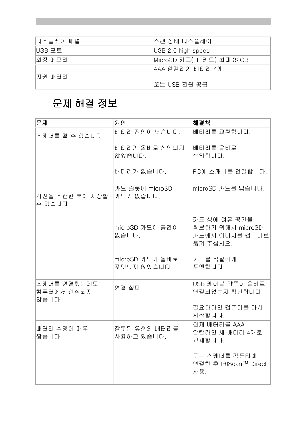 문제 해결 정보 | I.R.I.S. IRISCan Book Executive User Manual | Page 305 / 312