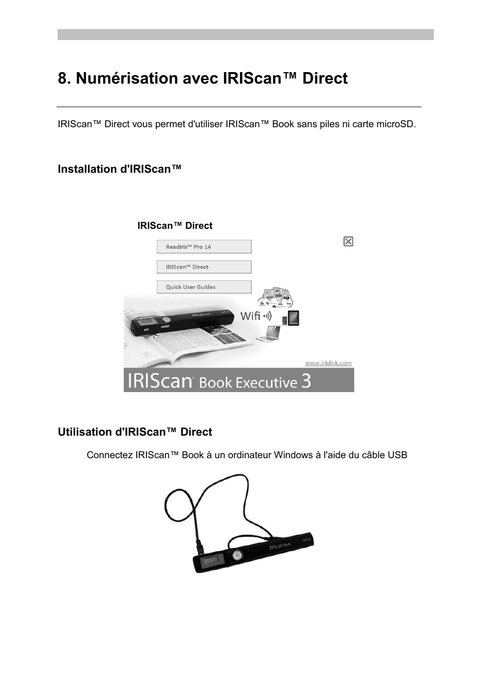 Installation d'iriscan™ direct, Utilisation d'iriscan™ direct, Numérisation avec iriscan | Direct | I.R.I.S. IRISCan Book Executive User Manual | Page 32 / 312