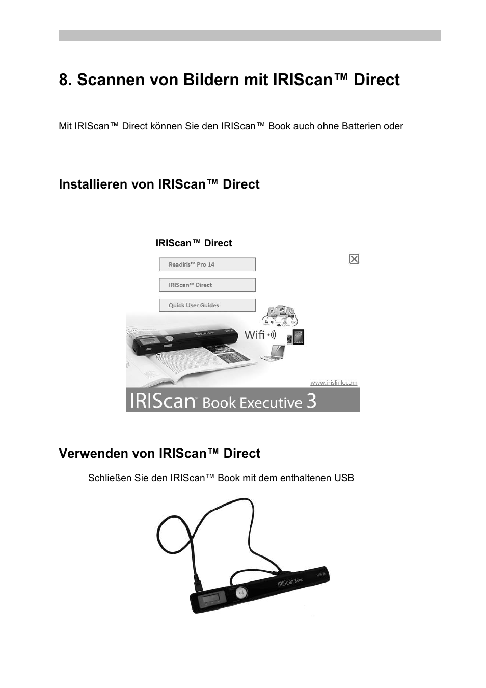 Installieren von iriscan™ direct, Verwenden von iriscan™ direct, Scannen mit iriscan™ direct (nur windows) | Scannen mit iriscan, Direct | I.R.I.S. IRISCan Book Executive User Manual | Page 72 / 312