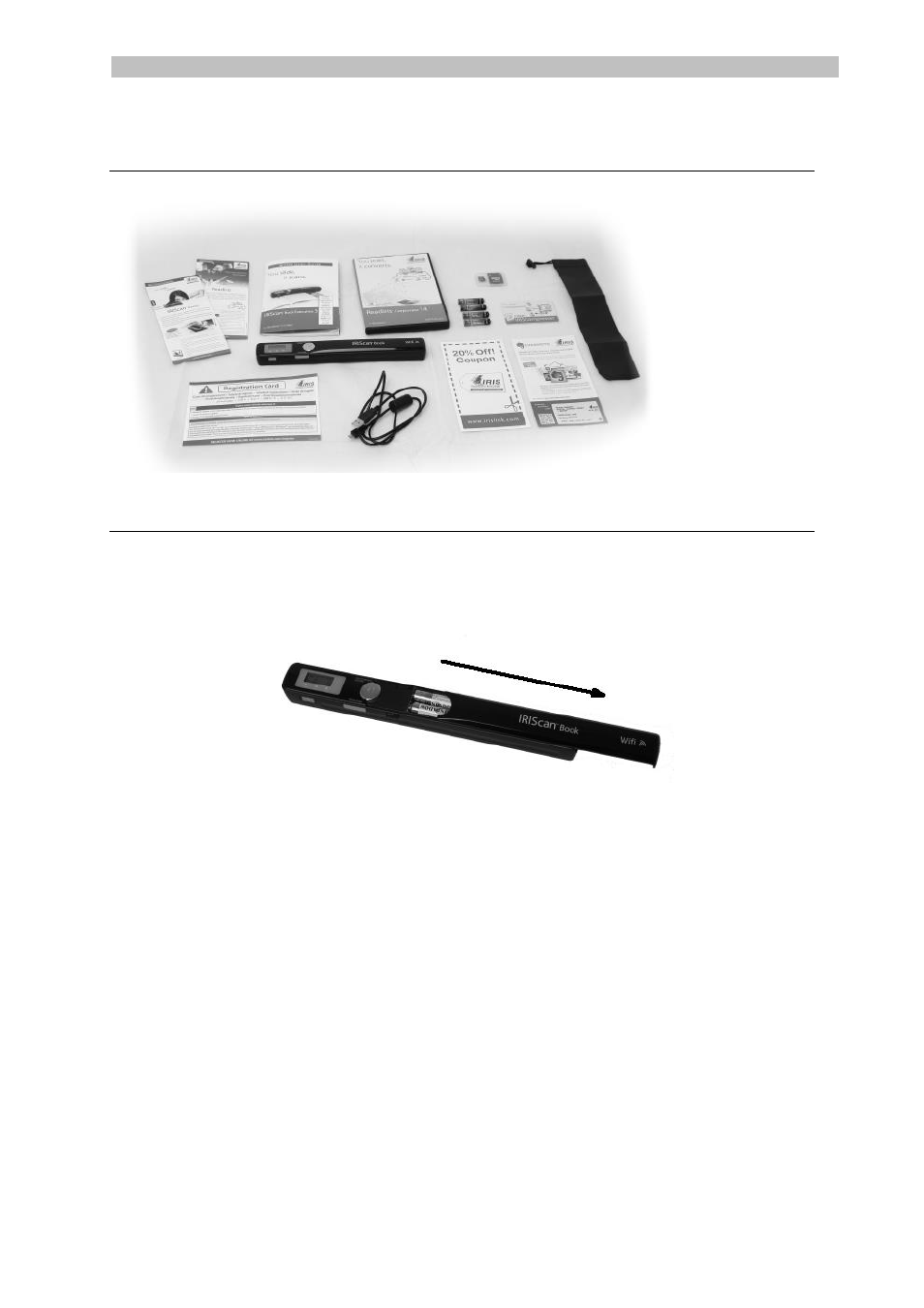 Comprobar los accesorios, Preparar el escáner, Insertar las pilas en el escáner | I.R.I.S. IRISCan Book Executive User Manual | Page 80 / 312