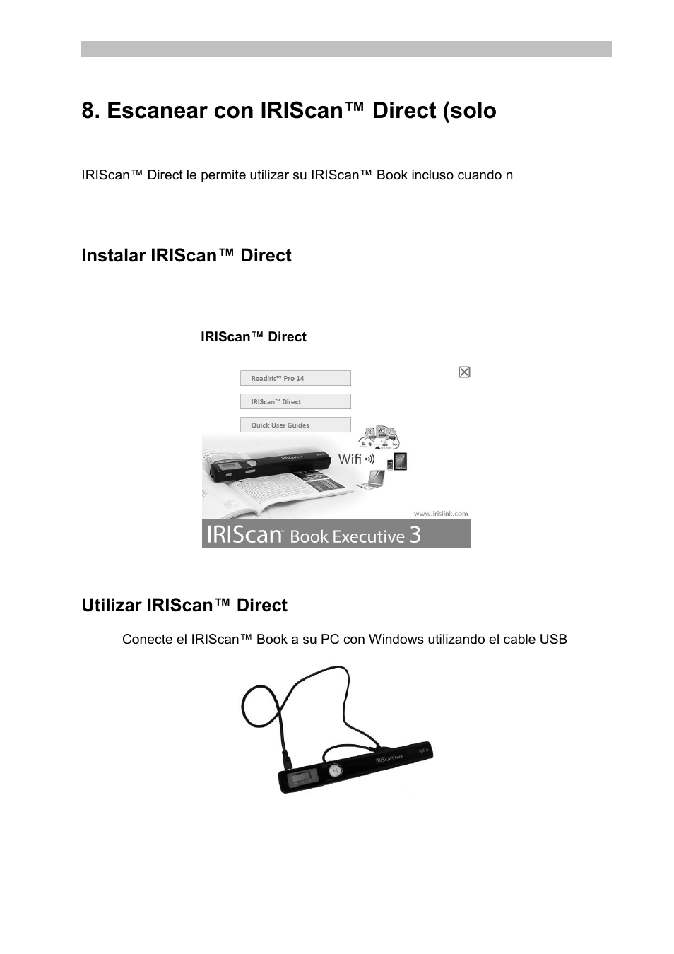 Escanear con iriscan™ direct (solo windows), Instalar iriscan™ direct, Utilizar iriscan™ direct | Escanear, Con iriscan™ direct (solo windows), Con iriscan™ direct | I.R.I.S. IRISCan Book Executive User Manual | Page 91 / 312