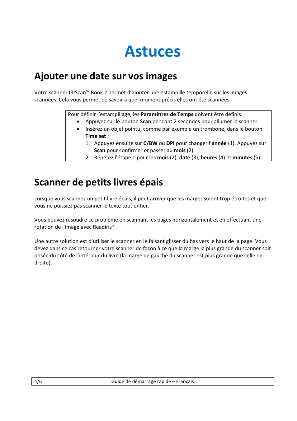 Astuces, Ajouter une date sur vos images, Scanner de petits livres épais | I.R.I.S. IScan Book 2 User Manual | Page 10 / 53
