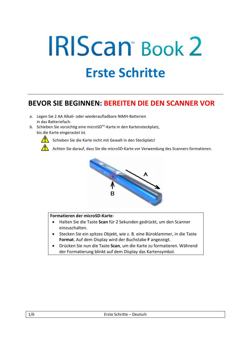 Erste schritte, Bevor sie beginnen: bereiten die den scanner vor | I.R.I.S. IScan Book 2 User Manual | Page 13 / 53