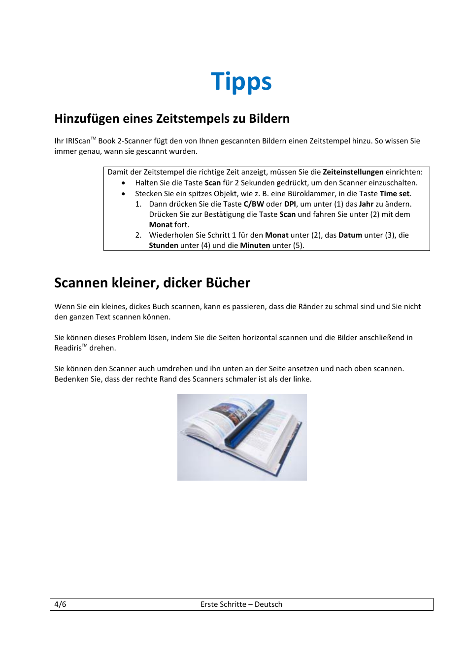 Tipps, Scannen kleiner, dicker bücher, Hinzufügen eines zeitstempels zu bildern | I.R.I.S. IScan Book 2 User Manual | Page 16 / 53