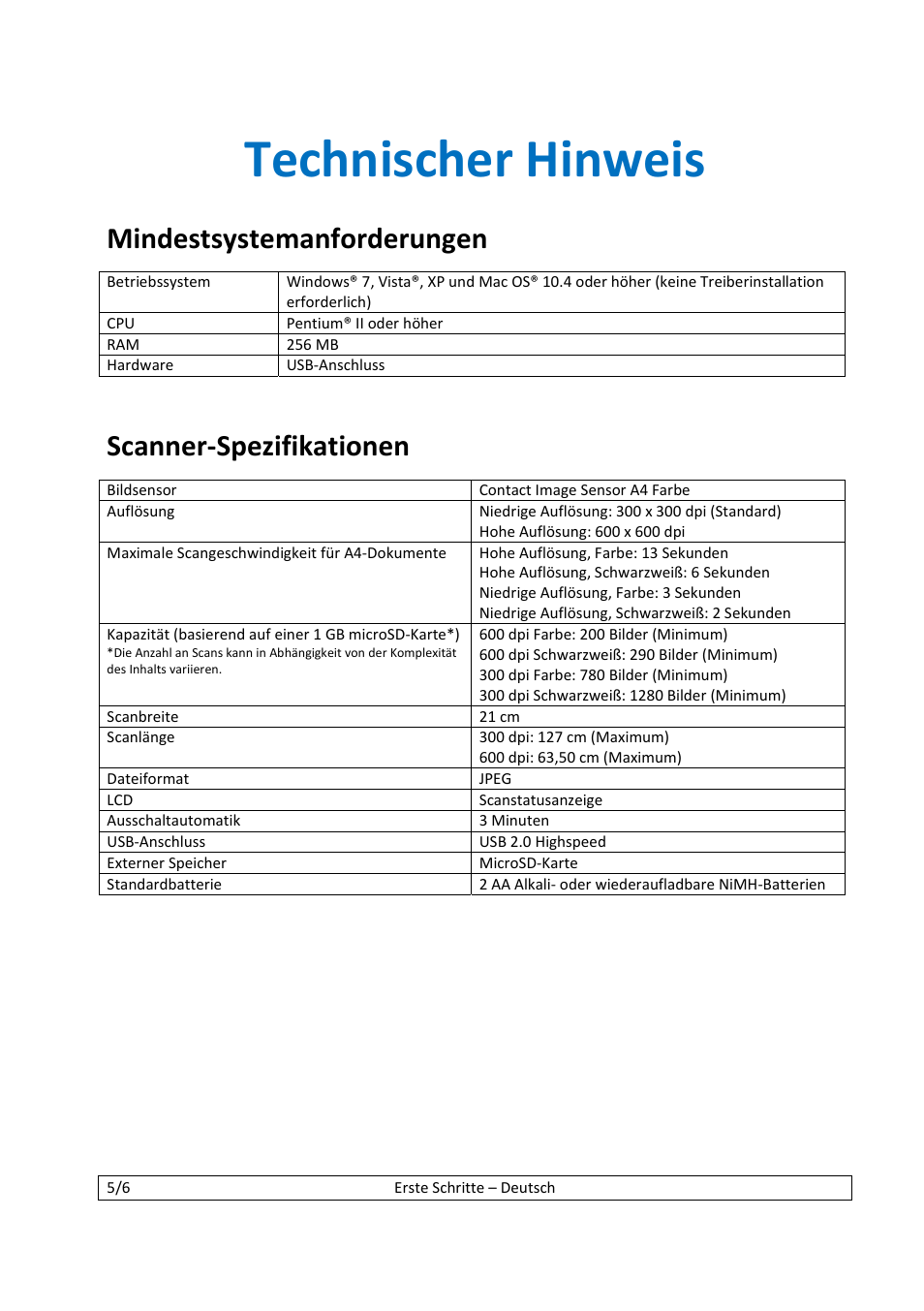 Technischer hinweis, Mindestsystemanforderungen, Scanner‐spezifikationen | I.R.I.S. IScan Book 2 User Manual | Page 17 / 53