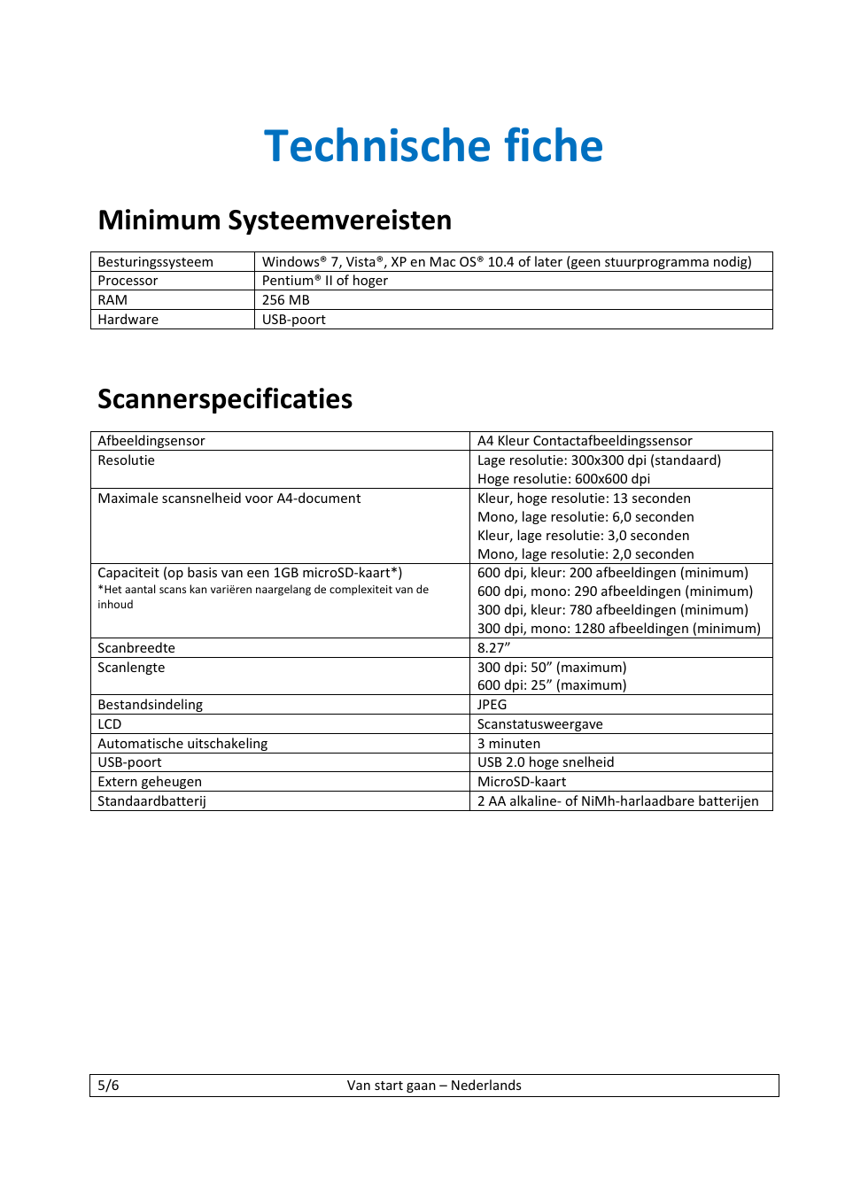 Technische fiche, Minimum systeemvereisten, Scannerspecificaties | I.R.I.S. IScan Book 2 User Manual | Page 23 / 53