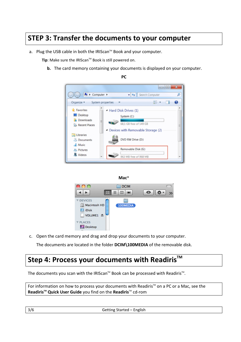 Step 3: transfer the documents to your computer, Step 4: process your documents with readiris | I.R.I.S. IScan Book 2 User Manual | Page 3 / 53