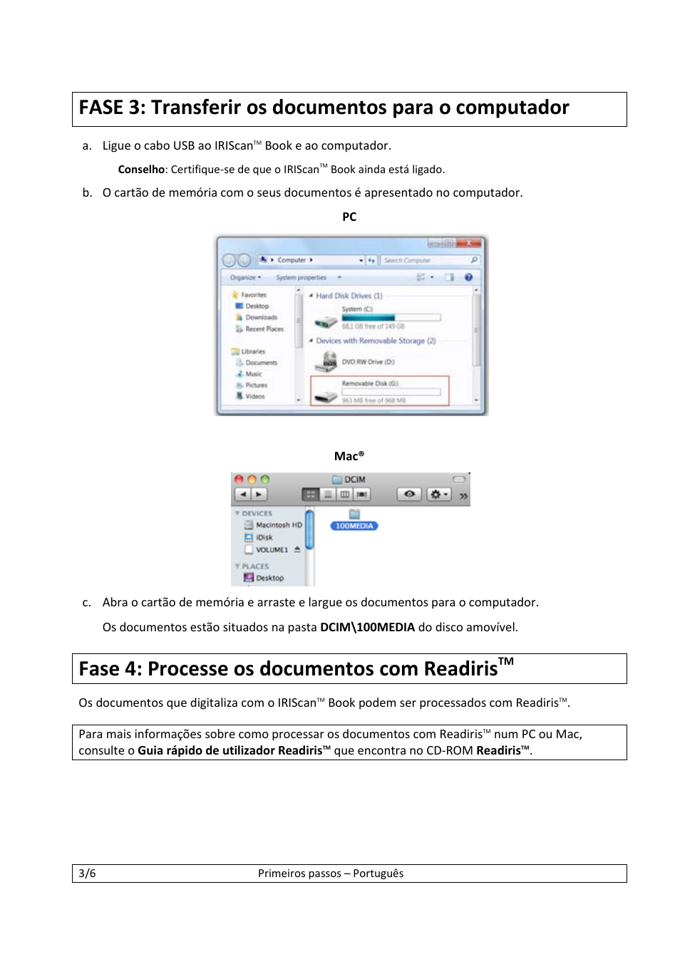 Fase 3: transferir os documentos para o computador, Fase 4: processe os documentos com readiris | I.R.I.S. IScan Book 2 User Manual | Page 33 / 53