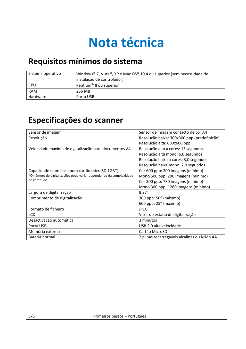 Nota técnica, Requisitos mínimos do sistema, Especificações do scanner | I.R.I.S. IScan Book 2 User Manual | Page 35 / 53