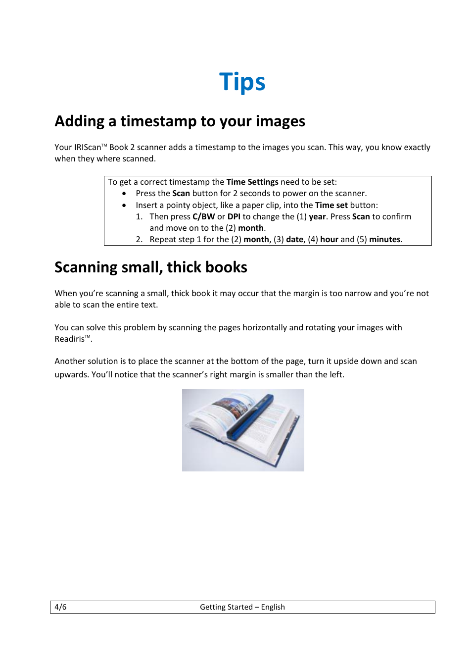 Tips, Adding a timestamp to your images, Scanning small, thick books | I.R.I.S. IScan Book 2 User Manual | Page 4 / 53