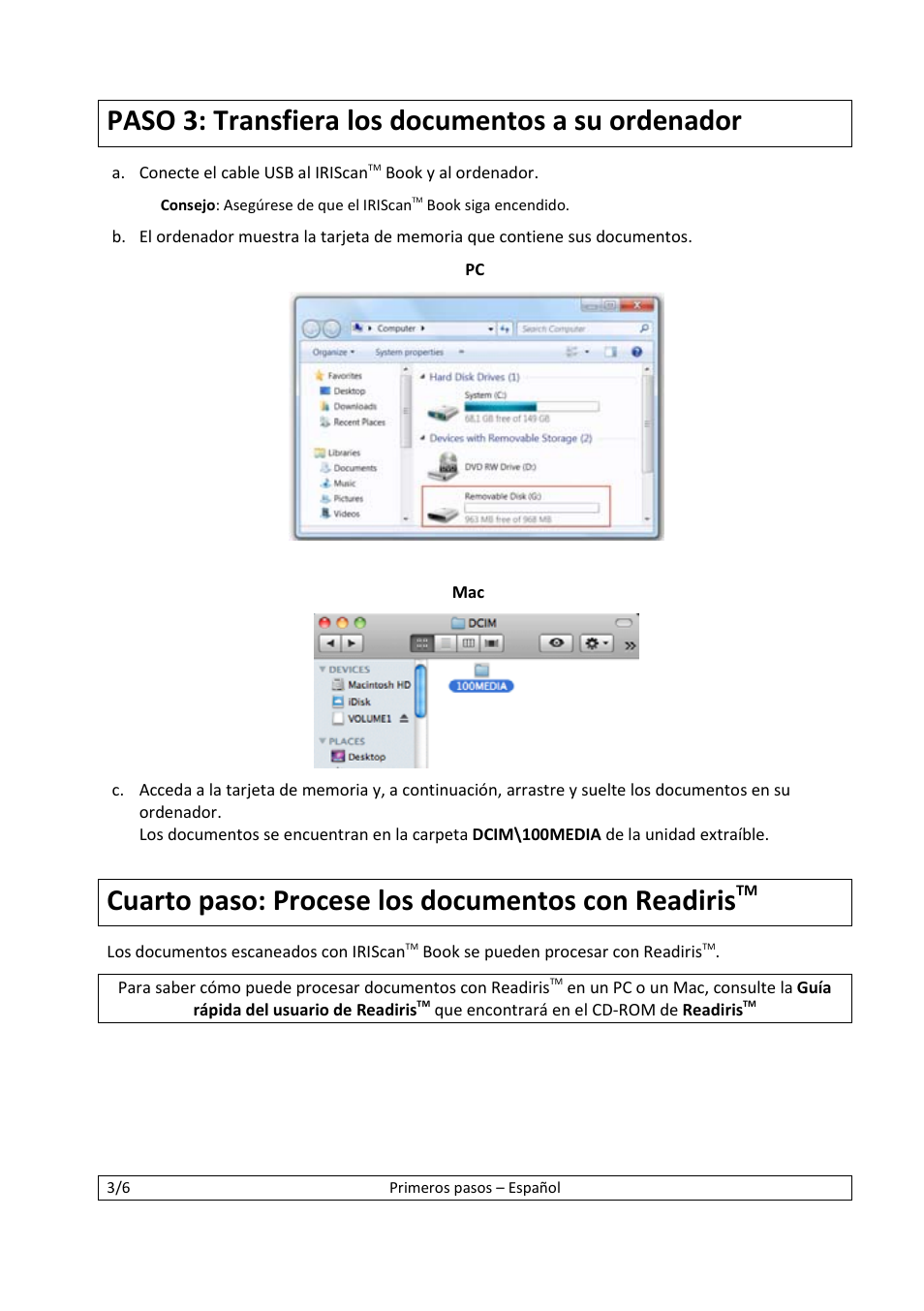 Paso 3: transfiera los documentos a su ordenador, Cuarto paso: procese los documentos con readiris | I.R.I.S. IScan Book 2 User Manual | Page 45 / 53