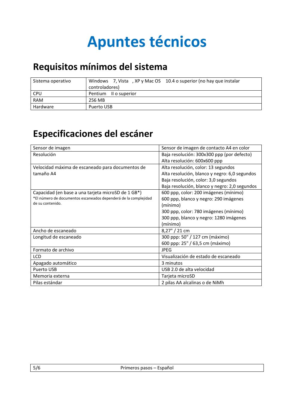 Apuntes técnicos, Requisitos mínimos del sistema, Especificaciones del escáner | I.R.I.S. IScan Book 2 User Manual | Page 47 / 53