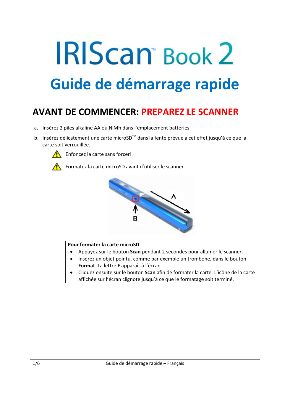 Guide de démarrage rapide, Avant de commencer: preparez le scanner | I.R.I.S. IScan Book 2 User Manual | Page 7 / 53