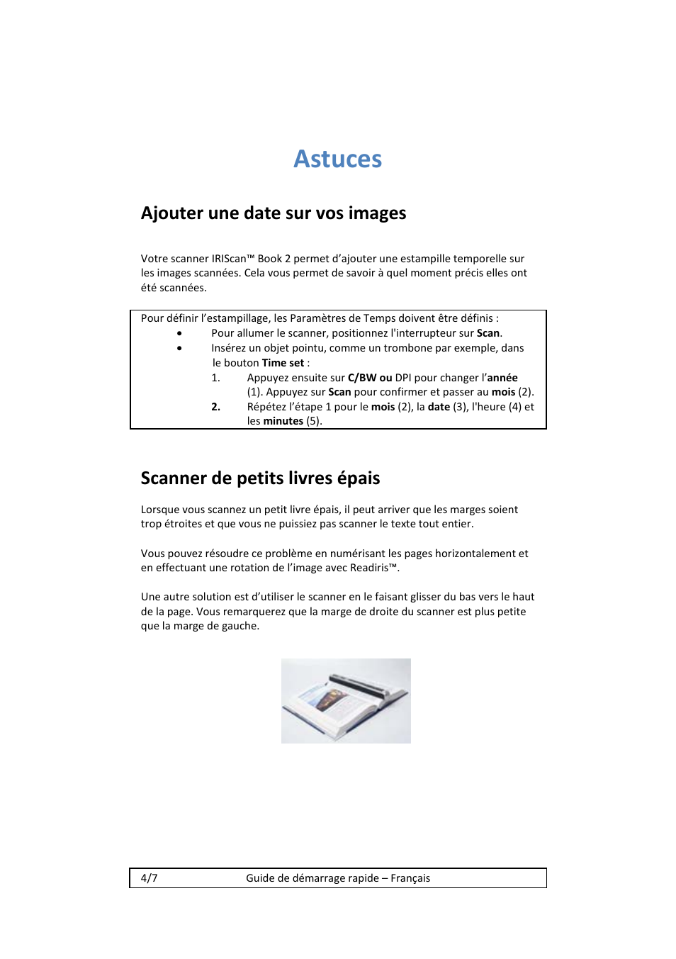 Astuces, Ajouter une date sur vos images, Scanner de petits livres épais | I.R.I.S. IRISCan Book 2 Executive Hardware User Manual | Page 10 / 61