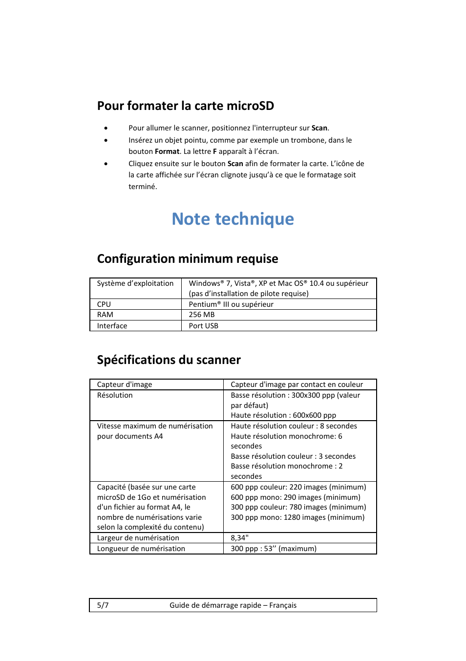 Pour formater la carte microsd, Configuration minimum requise, Spécifications du scanner | I.R.I.S. IRISCan Book 2 Executive Hardware User Manual | Page 11 / 61