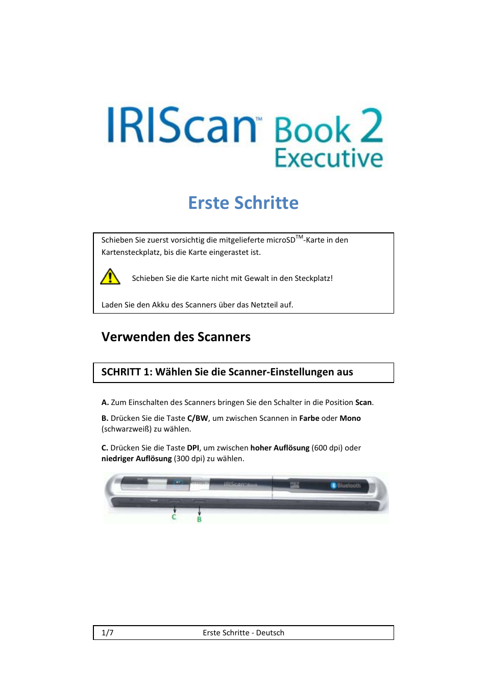 Erste schritte, Verwenden des scanners | I.R.I.S. IRISCan Book 2 Executive Hardware User Manual | Page 14 / 61