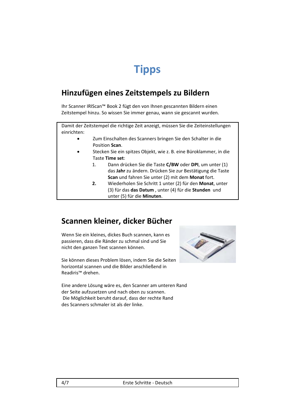 Tipps, Hinzufügen eines zeitstempels zu bildern, Scannen kleiner, dicker bücher | I.R.I.S. IRISCan Book 2 Executive Hardware User Manual | Page 17 / 61