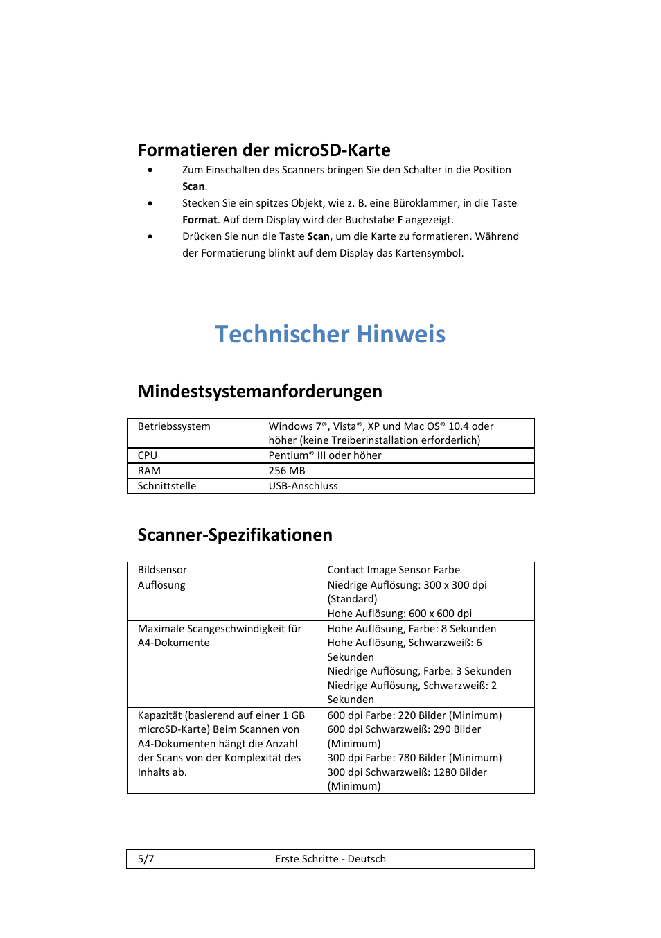 Technischer hinweis, Formatieren der microsd‐karte, Mindestsystemanforderungen | Scanner‐spezifikationen | I.R.I.S. IRISCan Book 2 Executive Hardware User Manual | Page 18 / 61