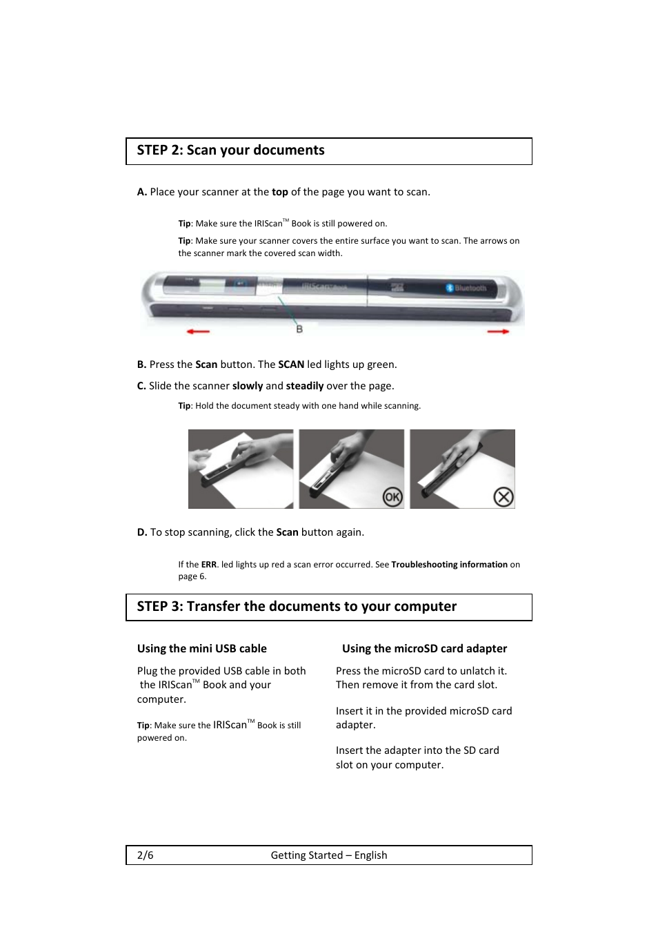 Step 2: scan your documents, Step 3: transfer the documents to your computer | I.R.I.S. IRISCan Book 2 Executive Hardware User Manual | Page 2 / 61