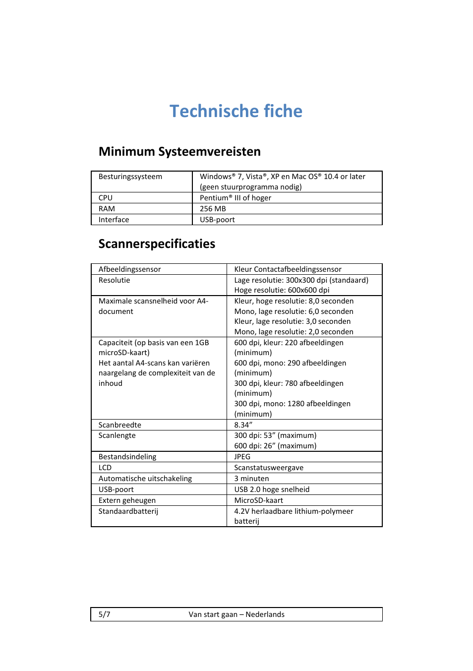 Technische fiche, Minimum systeemvereisten, Scannerspecificaties | I.R.I.S. IRISCan Book 2 Executive Hardware User Manual | Page 25 / 61