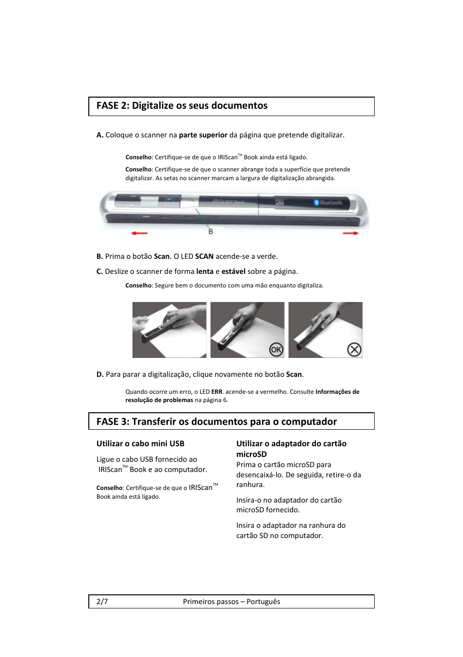 Fase 2: digitalize os seus documentos, Fase 3: transferir os documentos para o computador | I.R.I.S. IRISCan Book 2 Executive Hardware User Manual | Page 36 / 61