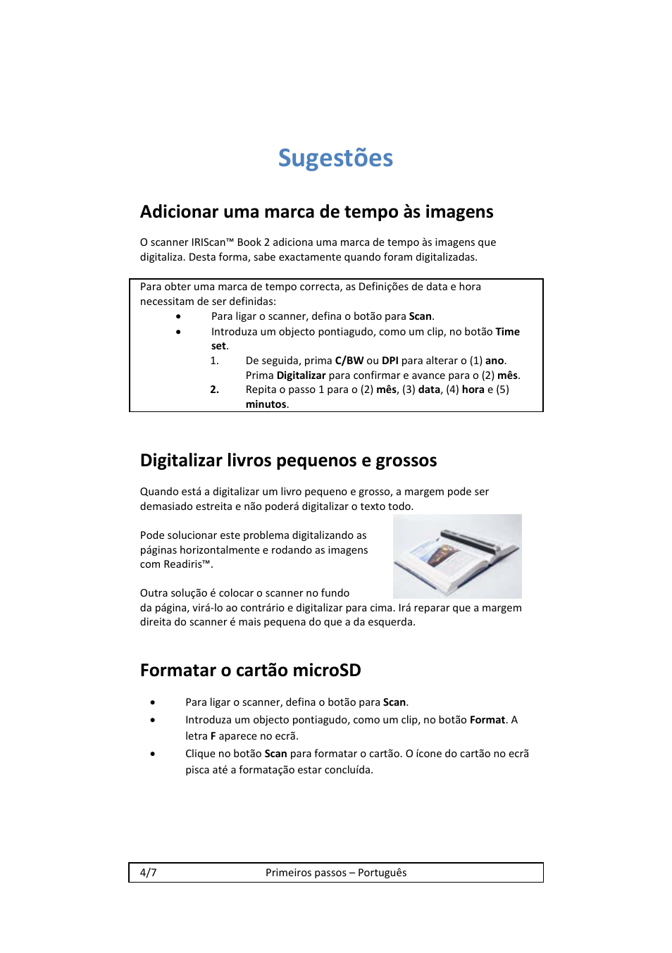 Sugestões, Adicionar uma marca de tempo às imagens, Digitalizar livros pequenos e grossos | Formatar o cartão microsd | I.R.I.S. IRISCan Book 2 Executive Hardware User Manual | Page 38 / 61