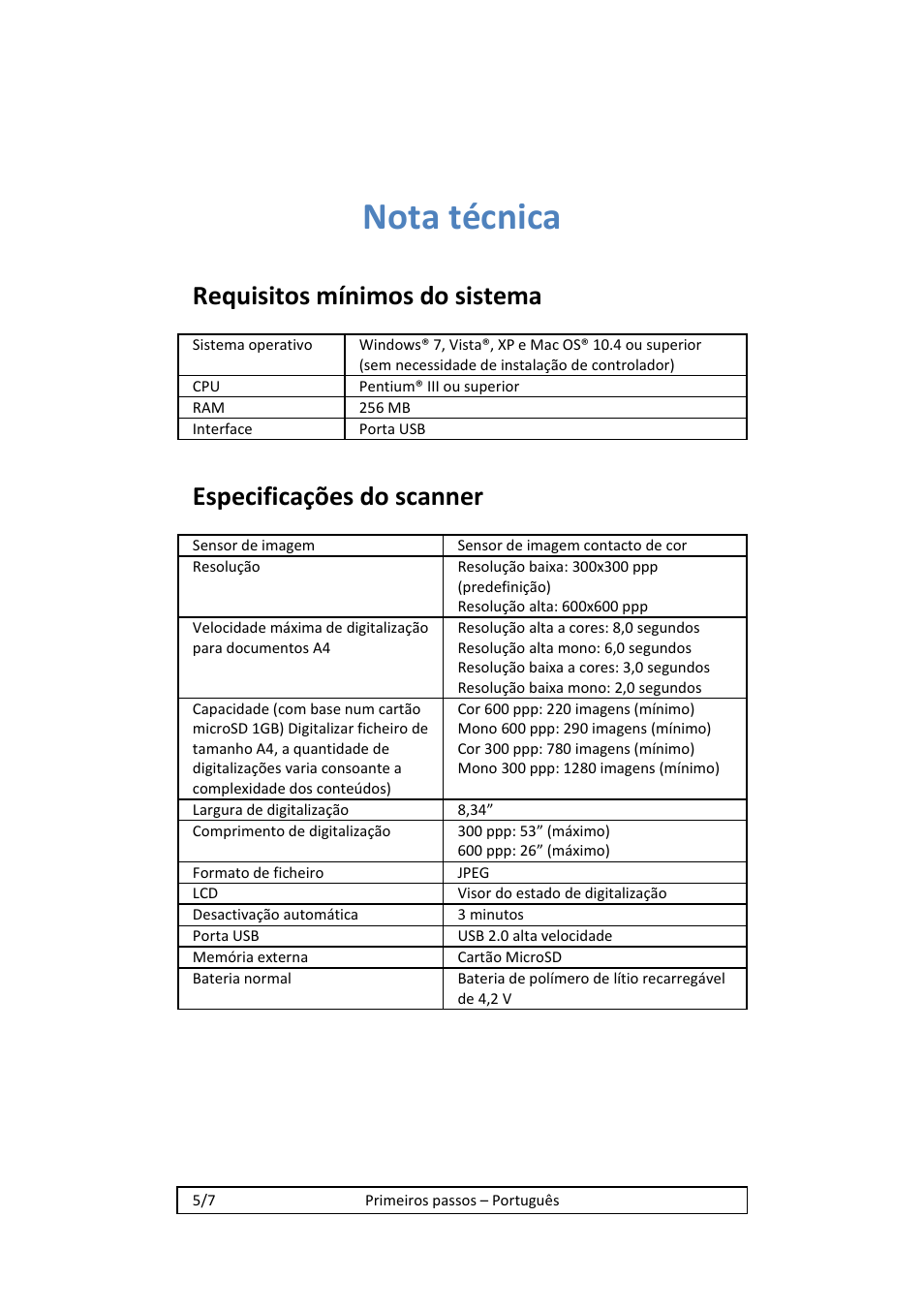 Nota técnica, Requisitos mínimos do sistema, Especificações do scanner | I.R.I.S. IRISCan Book 2 Executive Hardware User Manual | Page 39 / 61